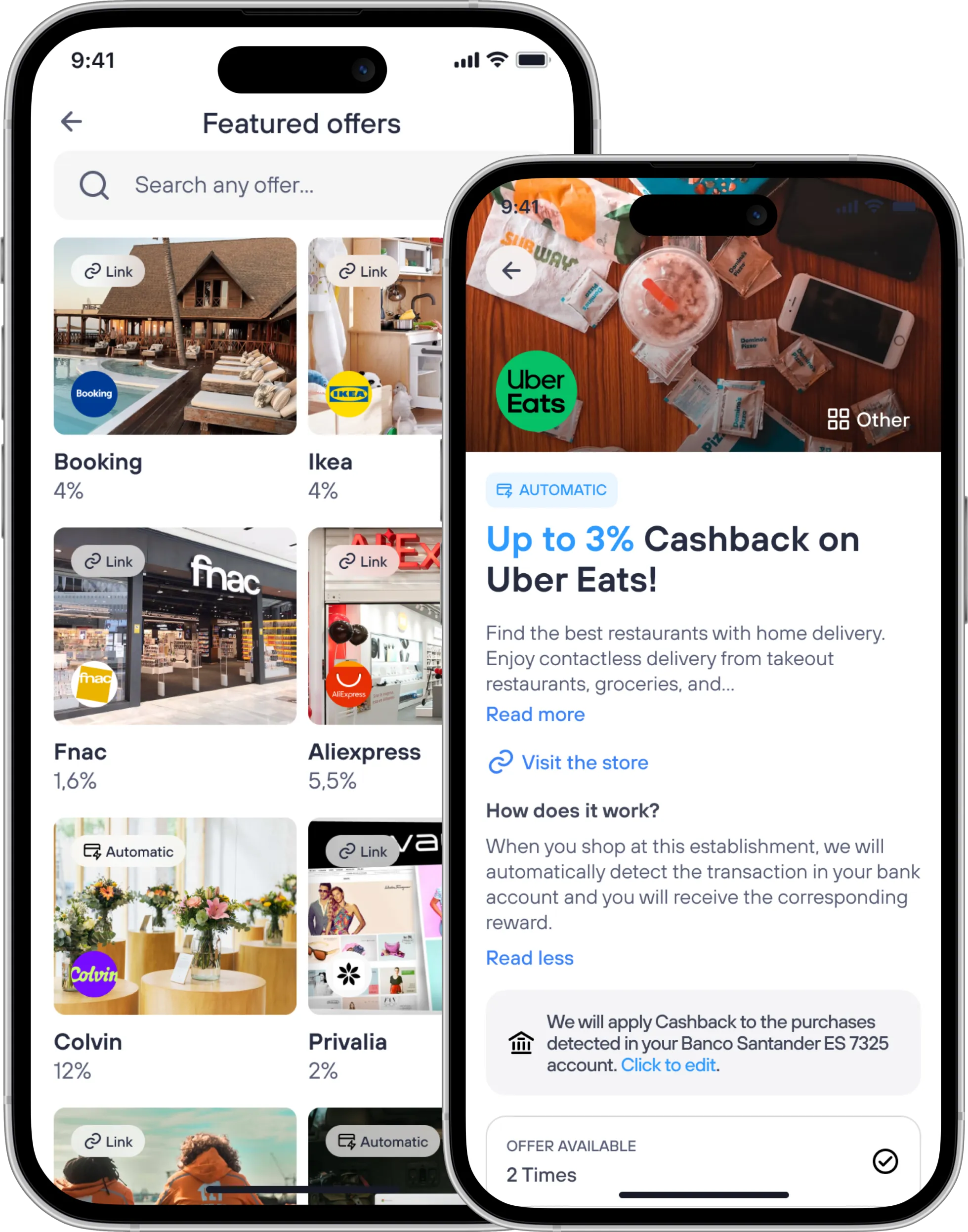 two iphones showing different images of cashback offers, they represent screenshots taken from the Cashback section in the app