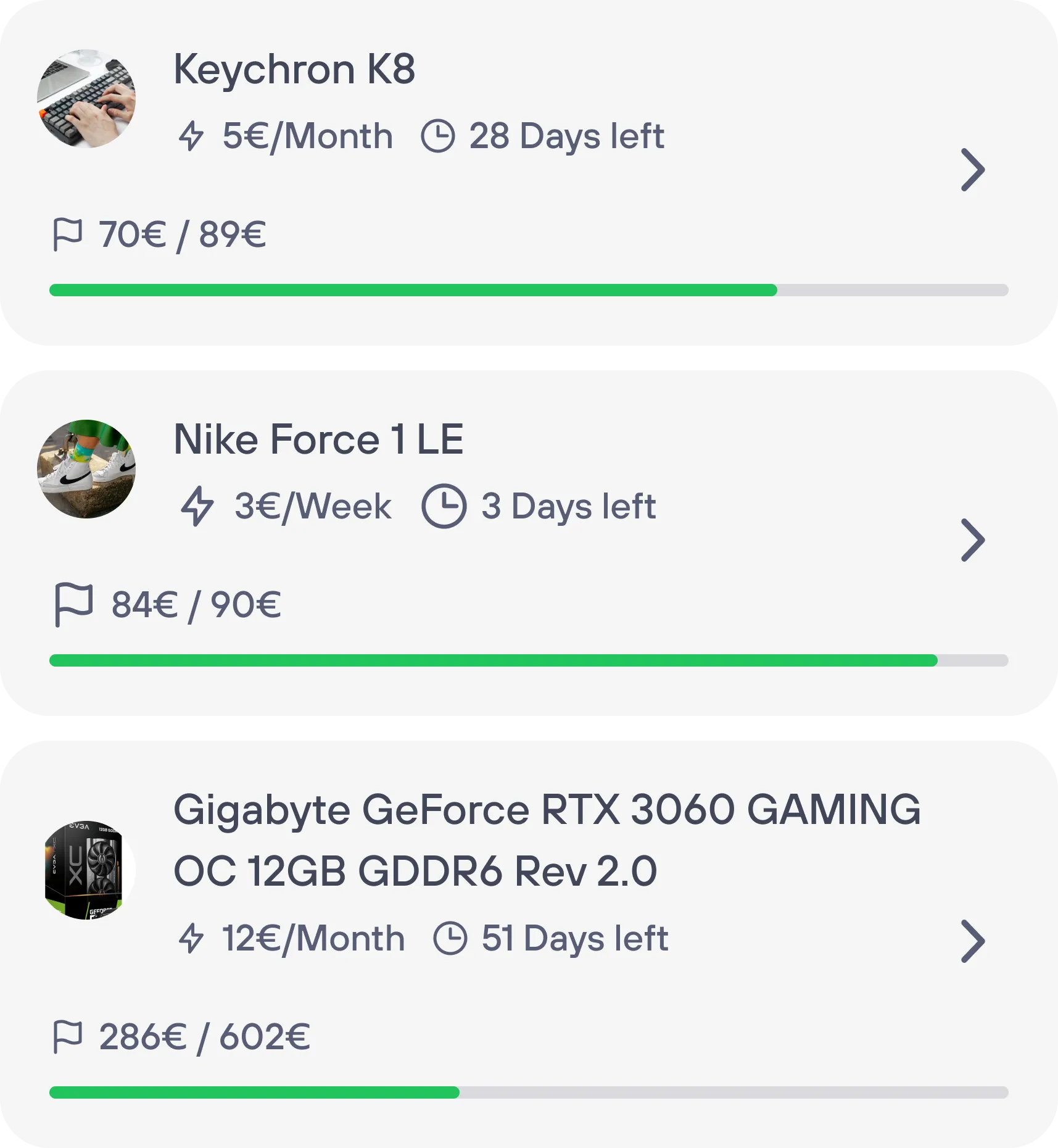 Some cards taken from the app. They represent achieved goals