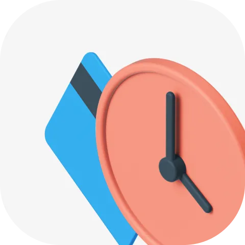A 3D illustration of a clock with a blue VISA card