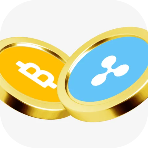 Two coins with crypto logos on top of it. One coin is golden and the other one is blue