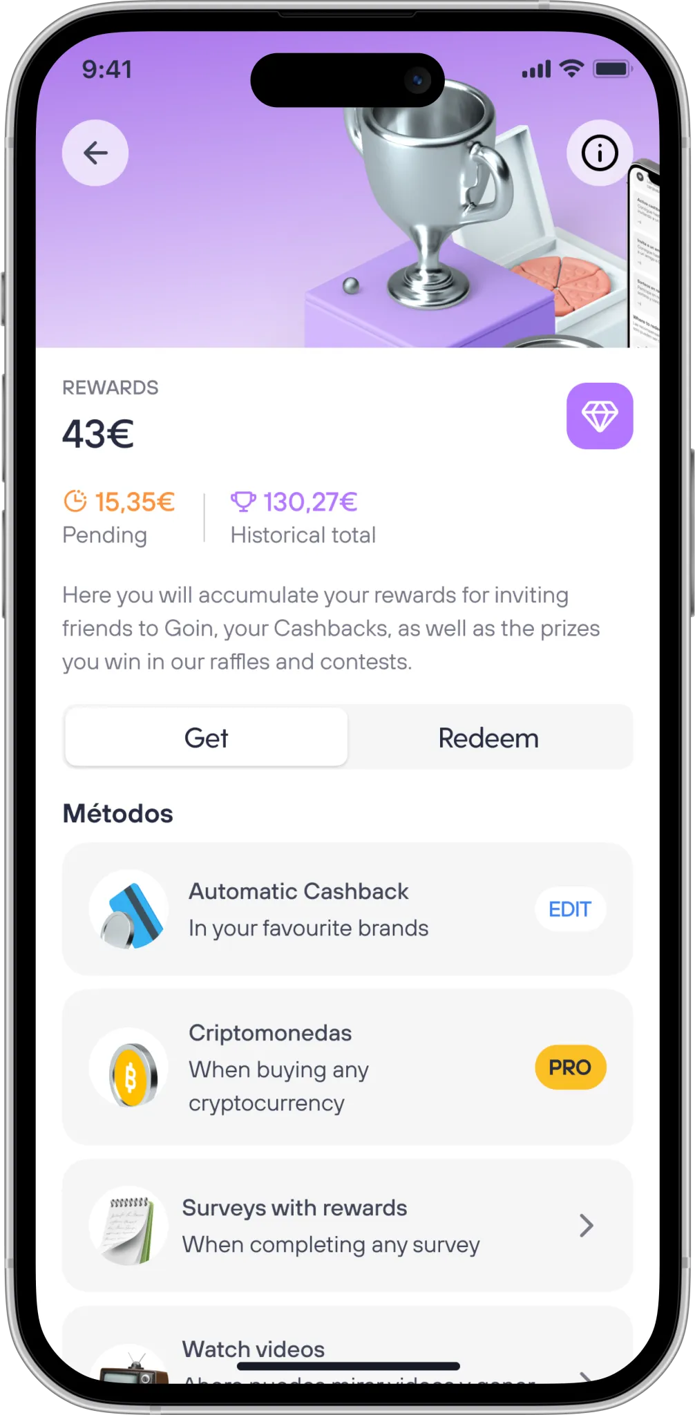 A screenshot of the app showing the rewards wallet screen