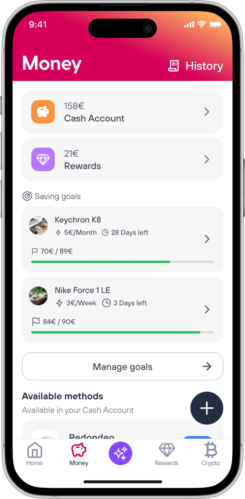 A screenshot of the app that represents the money section where you can store all your money inside different wallets