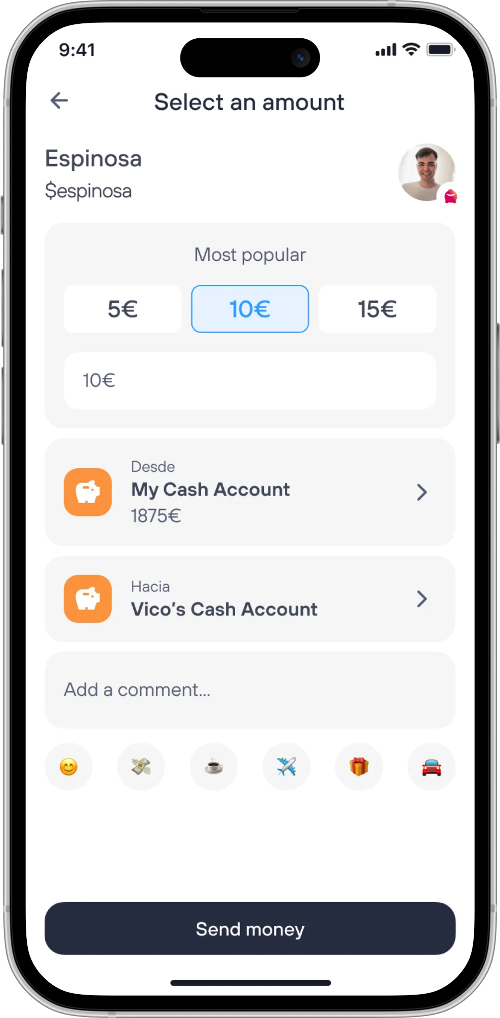 A screenshot of the app that represents the money transfer screen to transfer money to friends