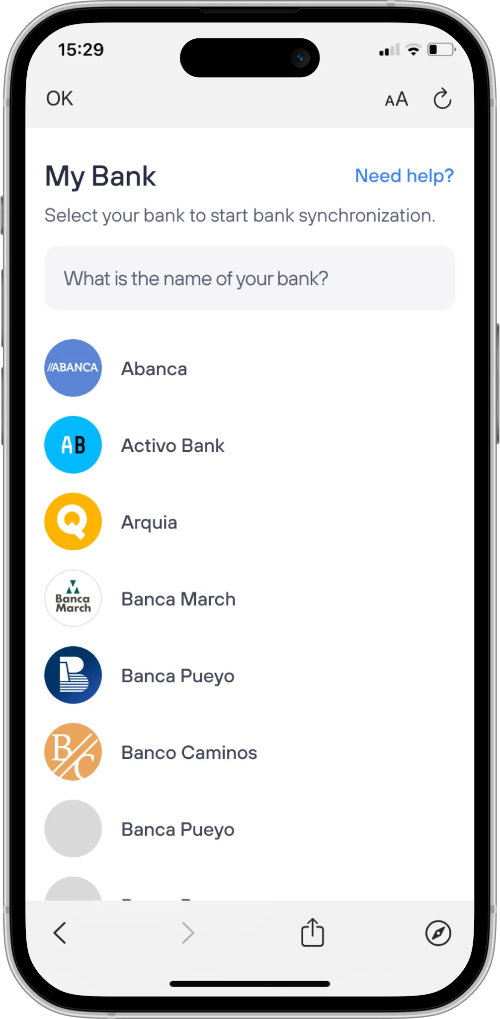 A screenshot of the app showing a list of financial banks
