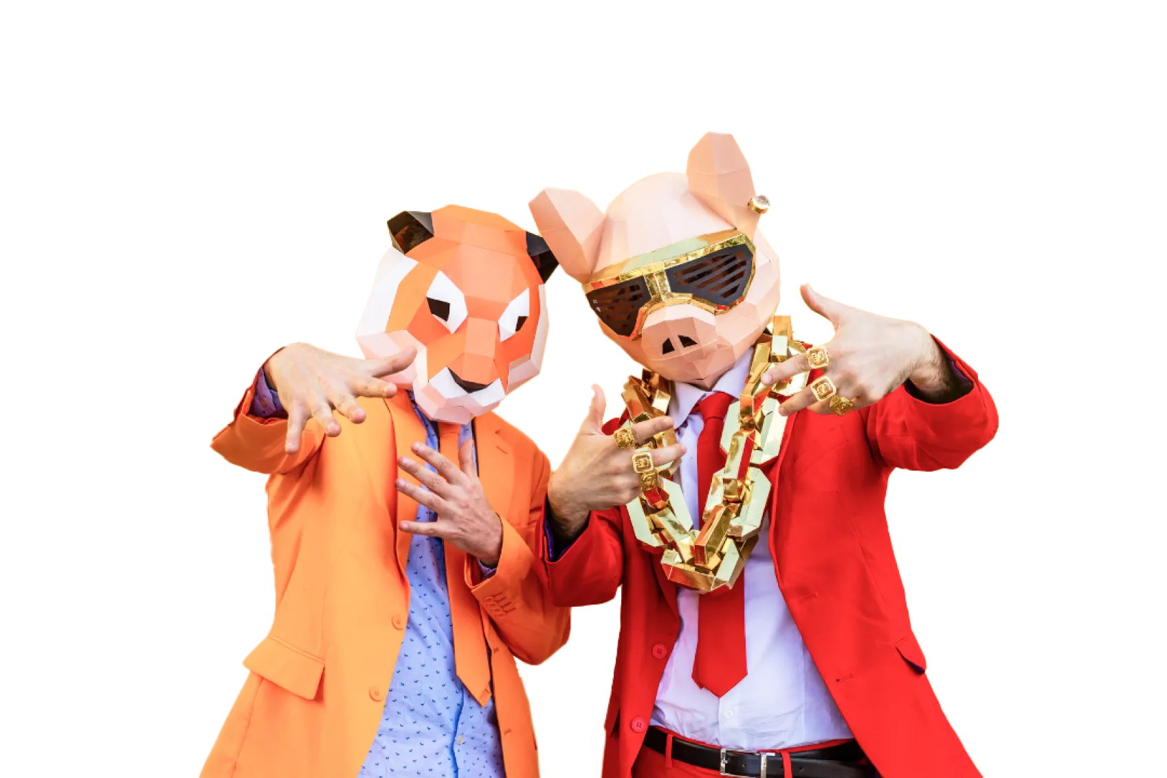 Two guys with a pig mask on it celebrating towards the camera